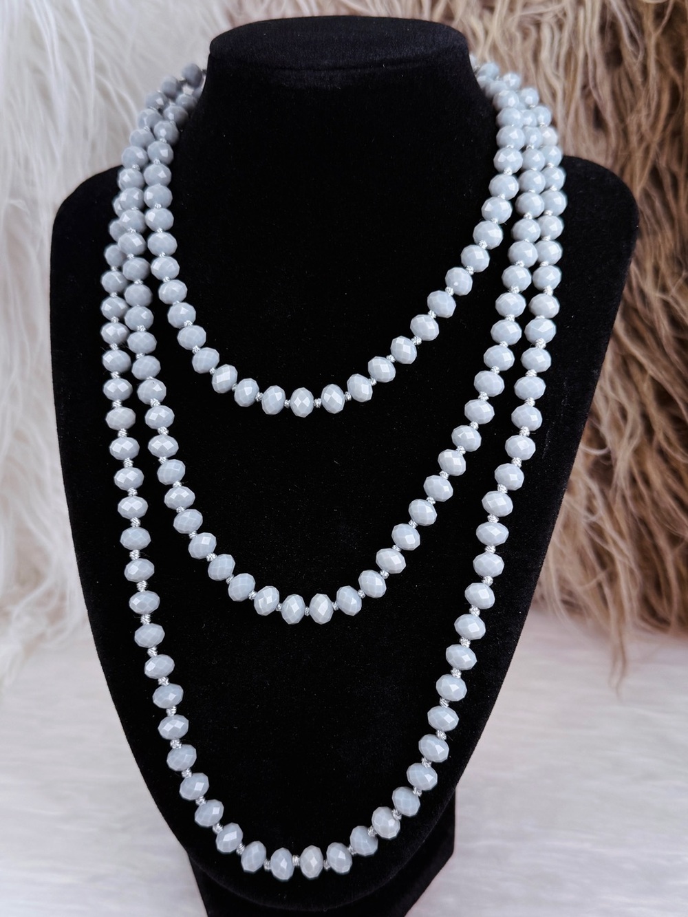 Vintage Gray Faceted Bead Necklace Long Knotted Strand 60" Layering Unmarked